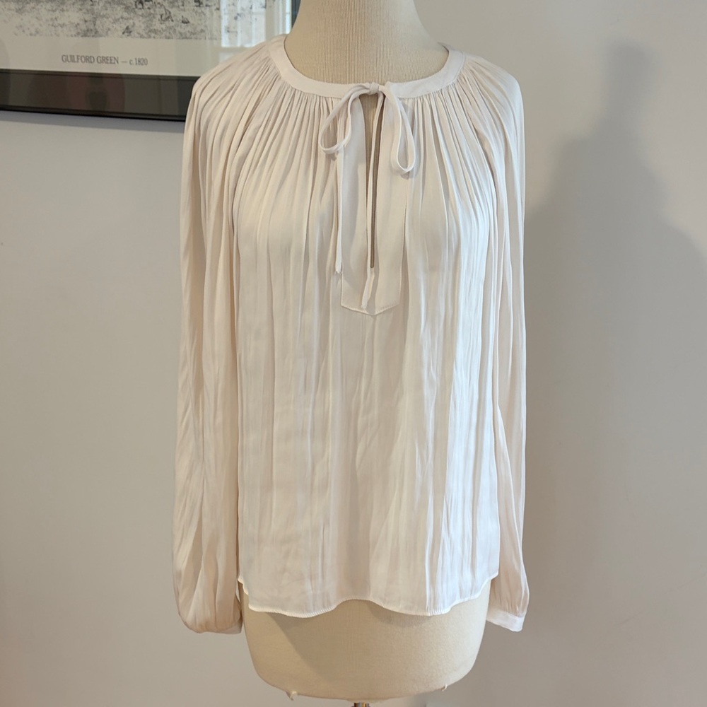 Tahari Cream Pleated Tie-Neck Blouse